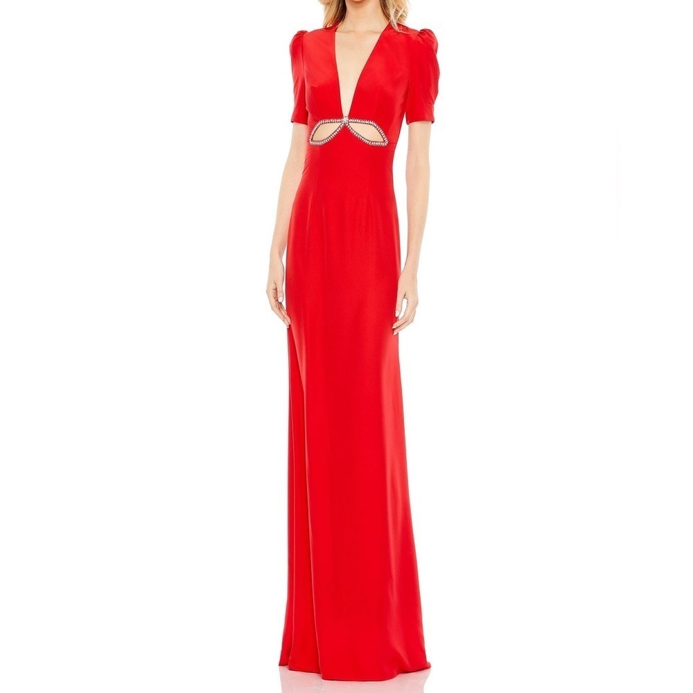 NWT IEENA FOR MAC DUGGAL 2630 Plunge Neck Puff Sleeve Cut Out Gown red 8